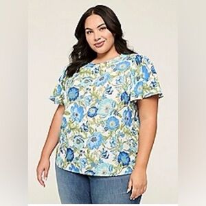 Lane Bryant Size 26 Short Flutter Sleeve Crewneck Floral Blouse Tunic Shirt Top